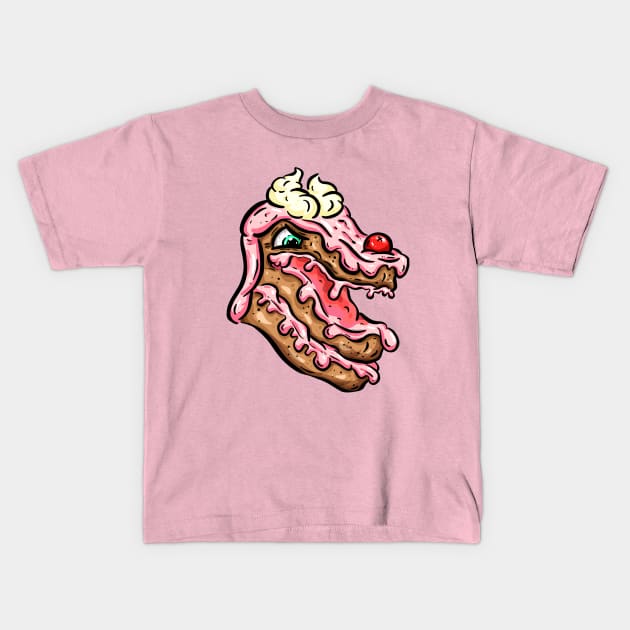 Monster Chocolate Cake Slice With Cherry And Cream Cartoon Character Kids T-Shirt by Squeeb Creative